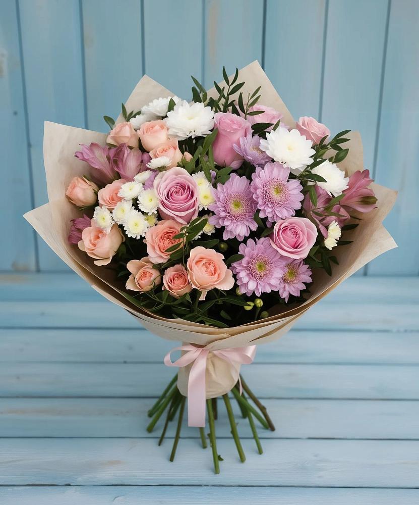 Букет цветов из: Хризантемы, Розы и Альстромерии в Козино