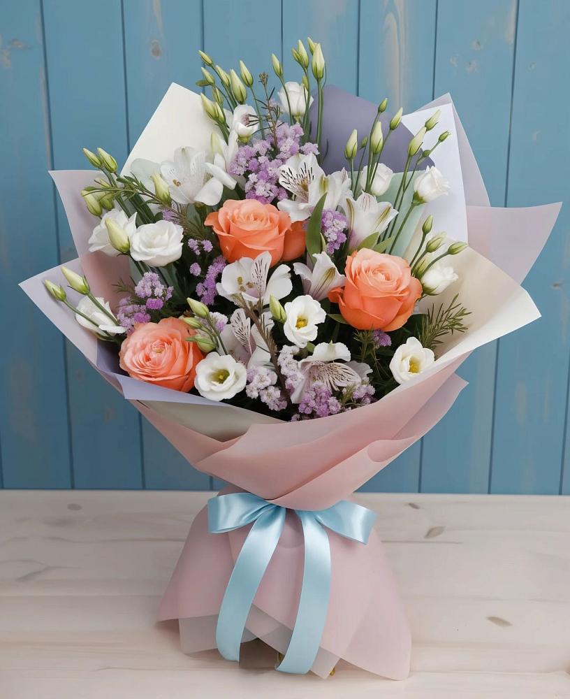 Букет цветов из: Лизиантусы, Розы, Альстромерии и Гипсофила в Козино