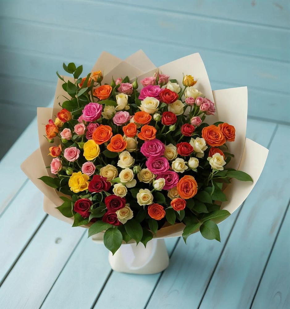 Букет Микс из разноцветных кустовых роз в Козино