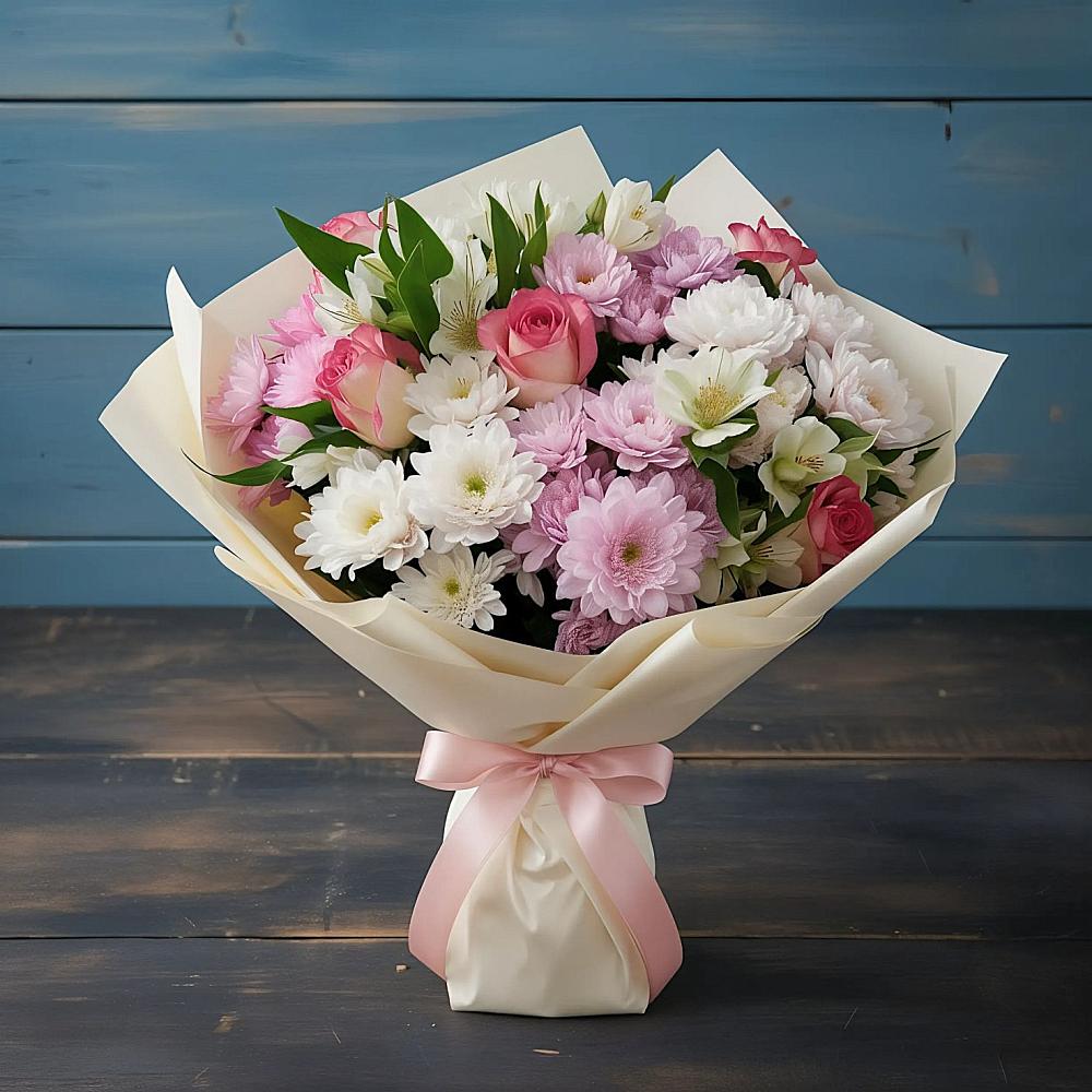 Букет цветов из: Хризантемы, Альстромерии и Розы в Козино